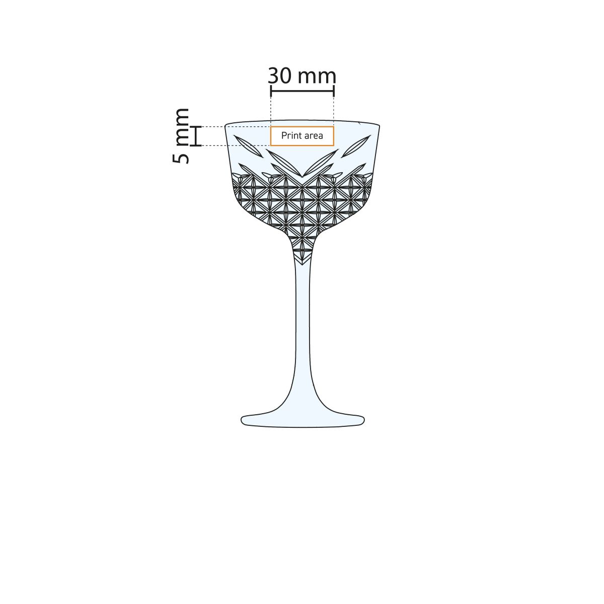 Technical working drawing of the printing area on the Timeless Nick & Nora glass 16 cl.