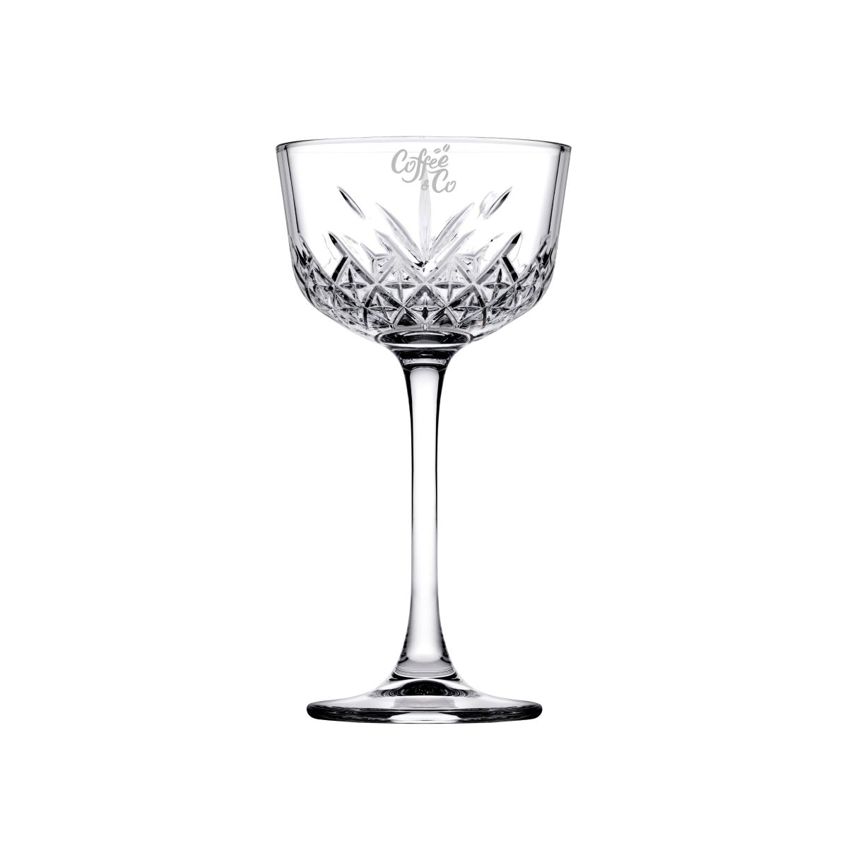 Engraving of the CoffeeCo logo visible on the front view of the Timeless Nick & Nora glass 16 cl.