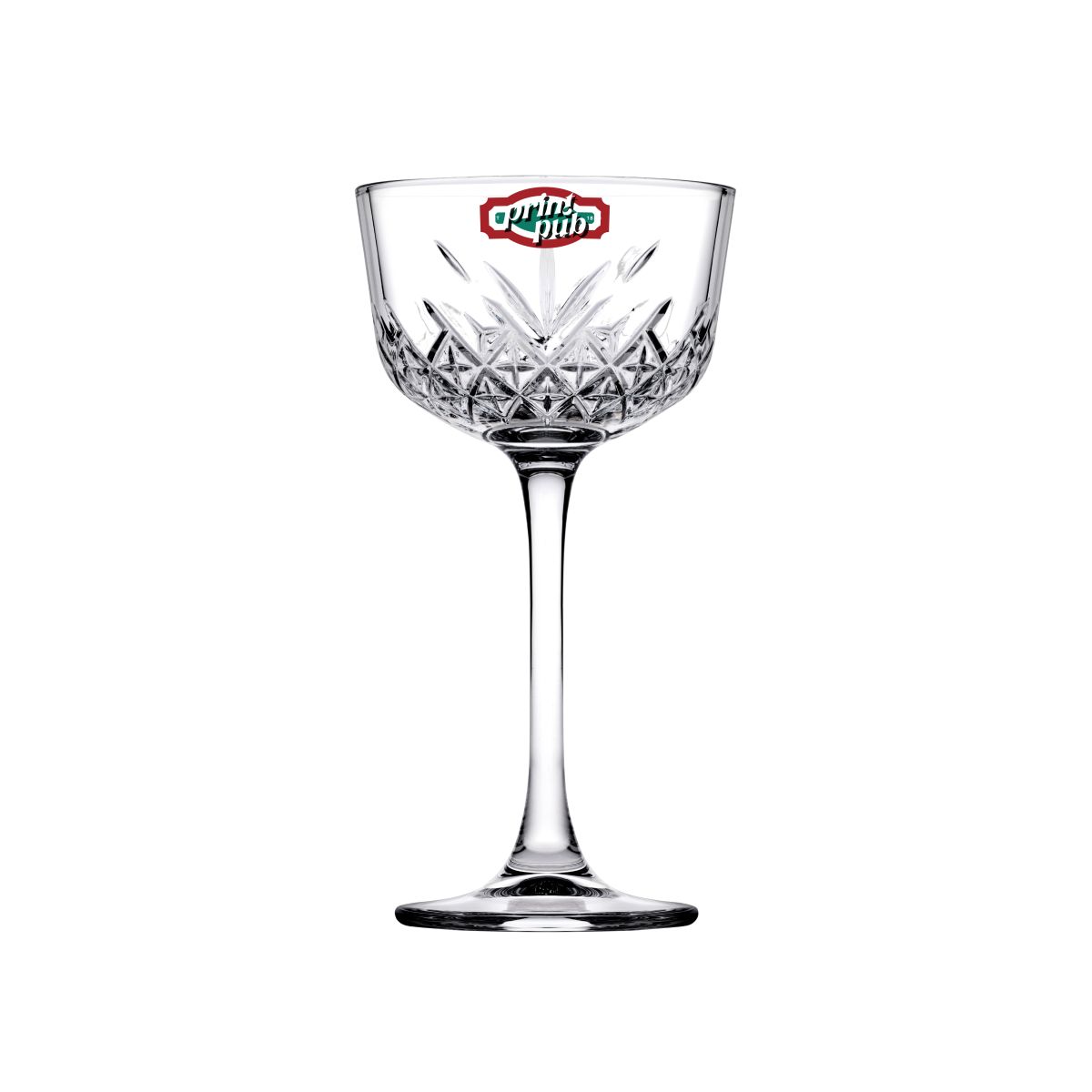 Timeless Nick & Nora glass 16 cl. with multi-coloured PrintPub logo applied to the front.