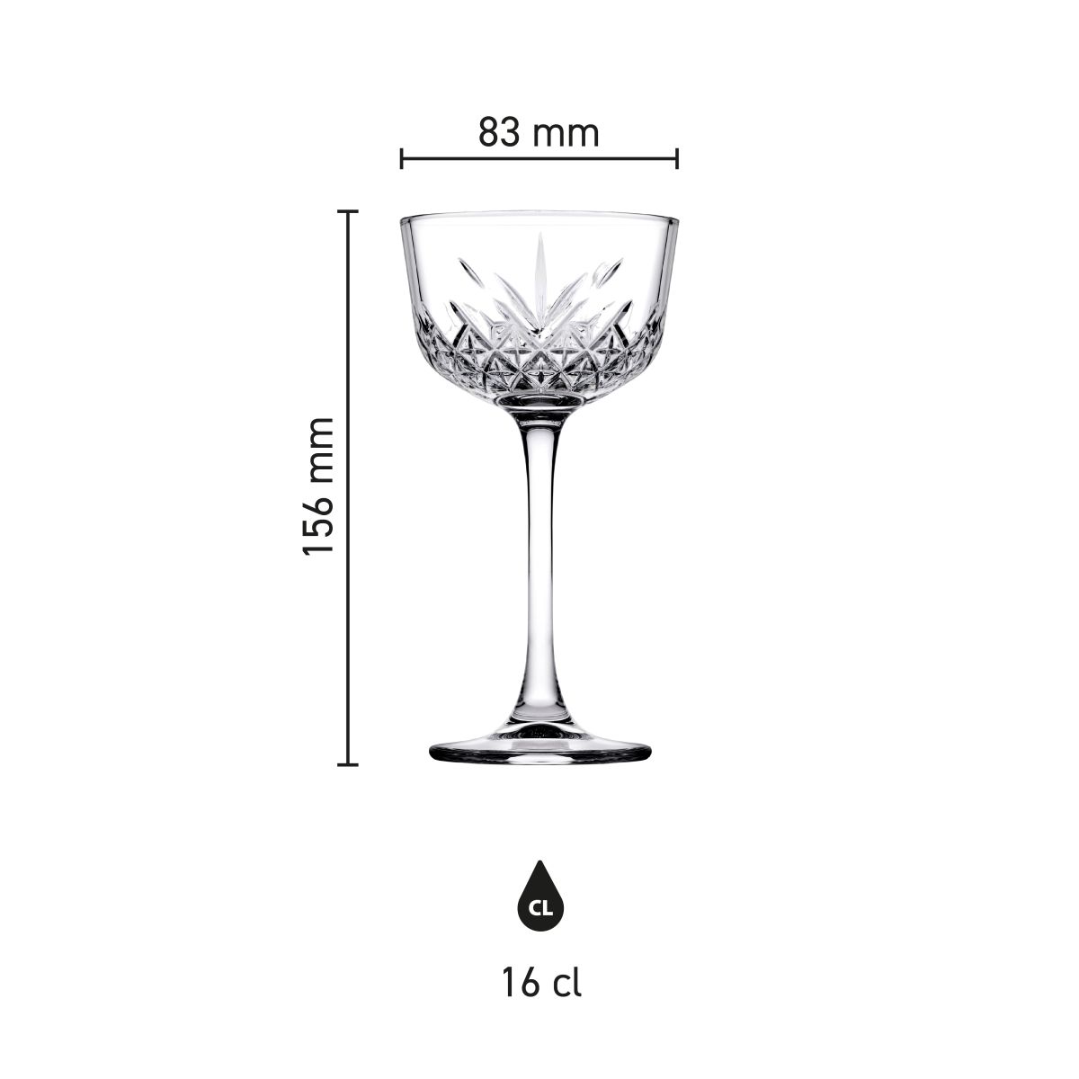 Infographic showing product dimensions of the Timeless Nick & Nora glass 16 cl. in scale.