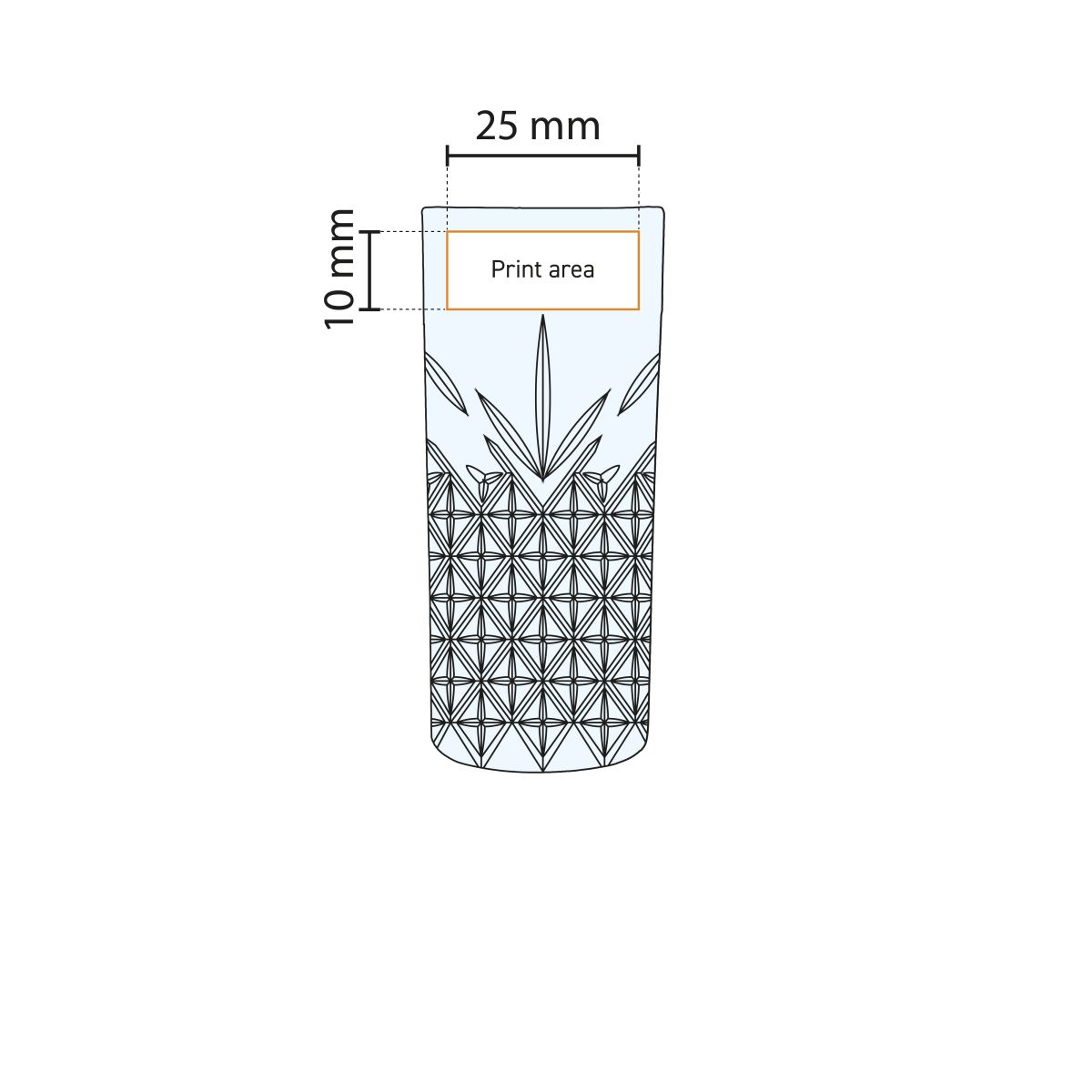 Detailed working drawing with the printing area on the Timeless Rock glass 18 cl. glass marked.