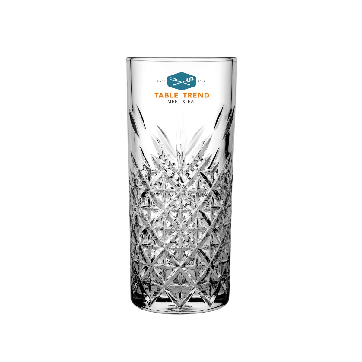 Glass with front view of TableTrend logo in multiple colours on the Timeless Raki Glass 18 cl.