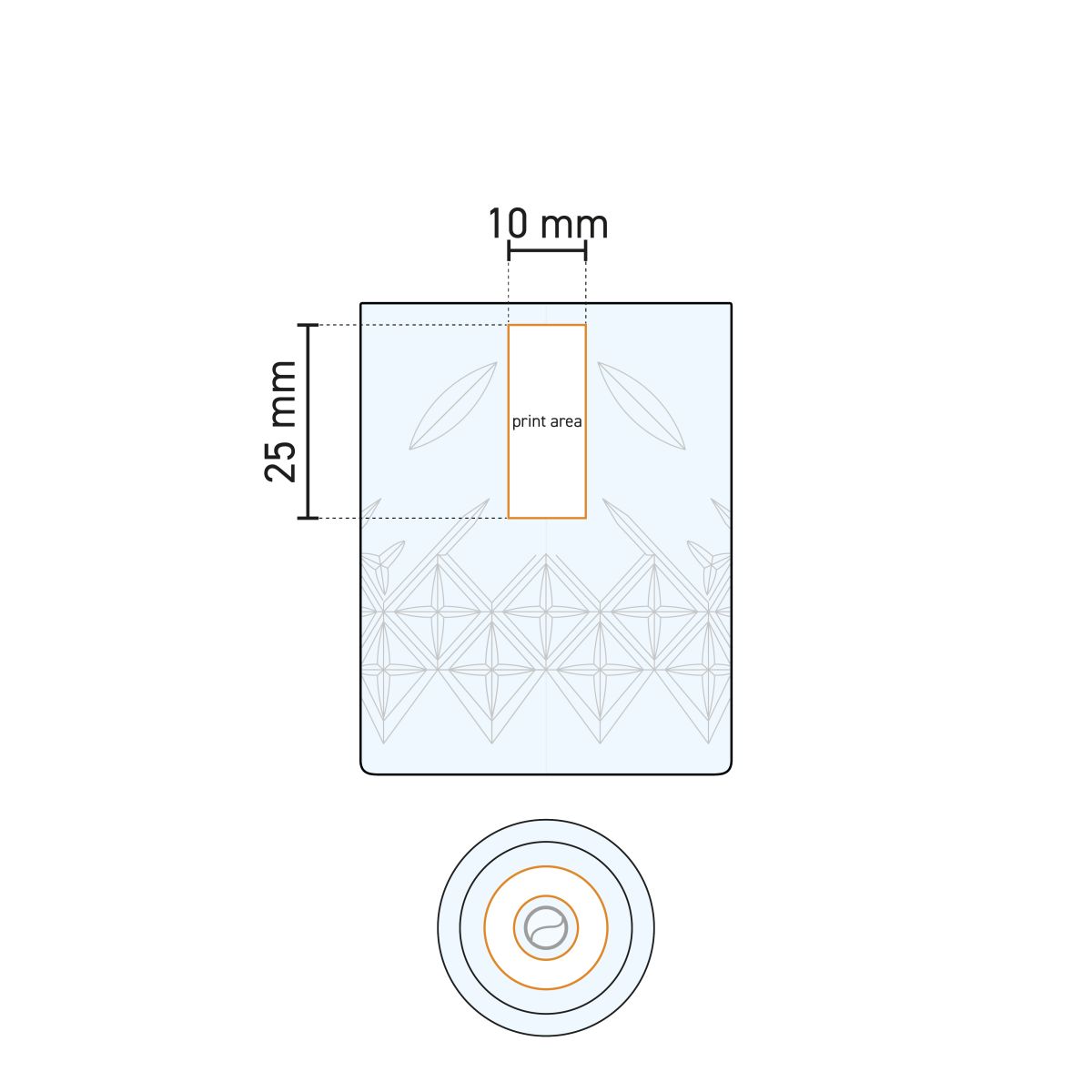 Technical working drawing with printing area of the Timeless Shot glass 6 cl. glass.