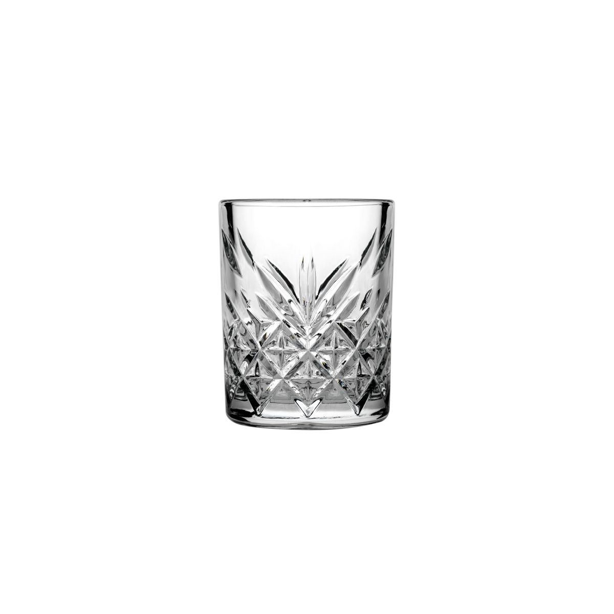 Front view of the Timeless Shot glass 6 cl. with cylindrical shape and smooth transparent glass. Front view of the Timeless Shot glass 6 cl. with cylindrical shape and smooth transparent glass.