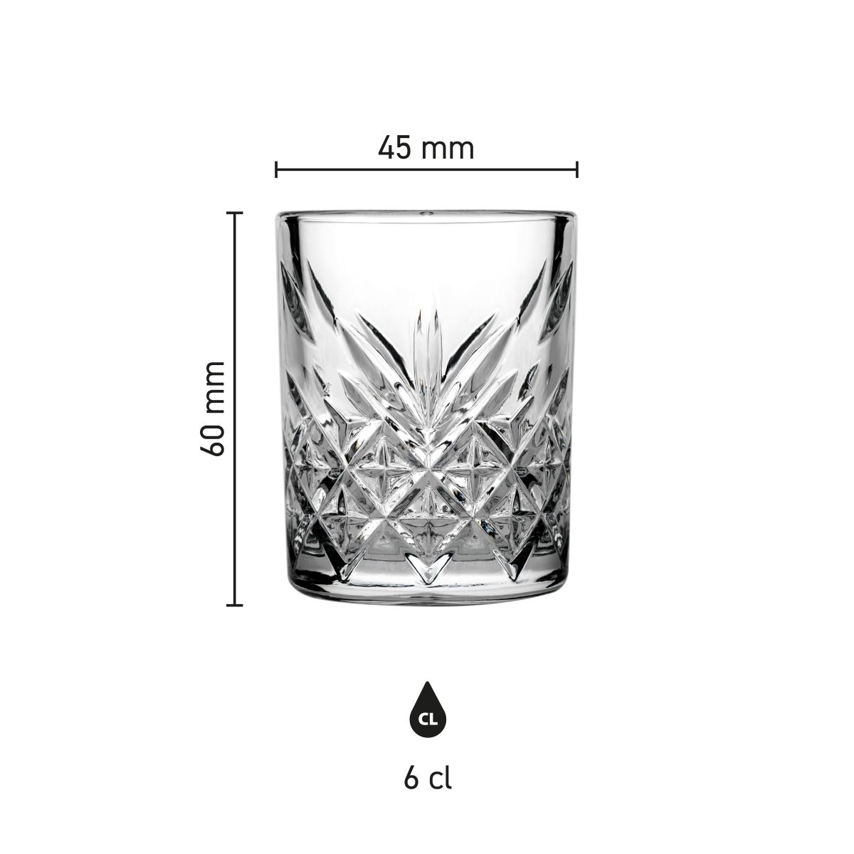 Infographic showing measurements of the Timeless Shot glass 6 cl. in height and diameter.
