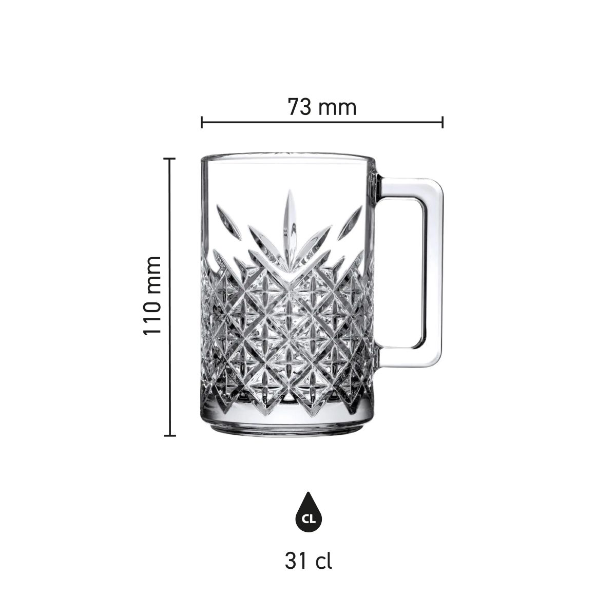 Infographic showing height and diameter of the Timeless Tea Glass 31 cl. glass shown.