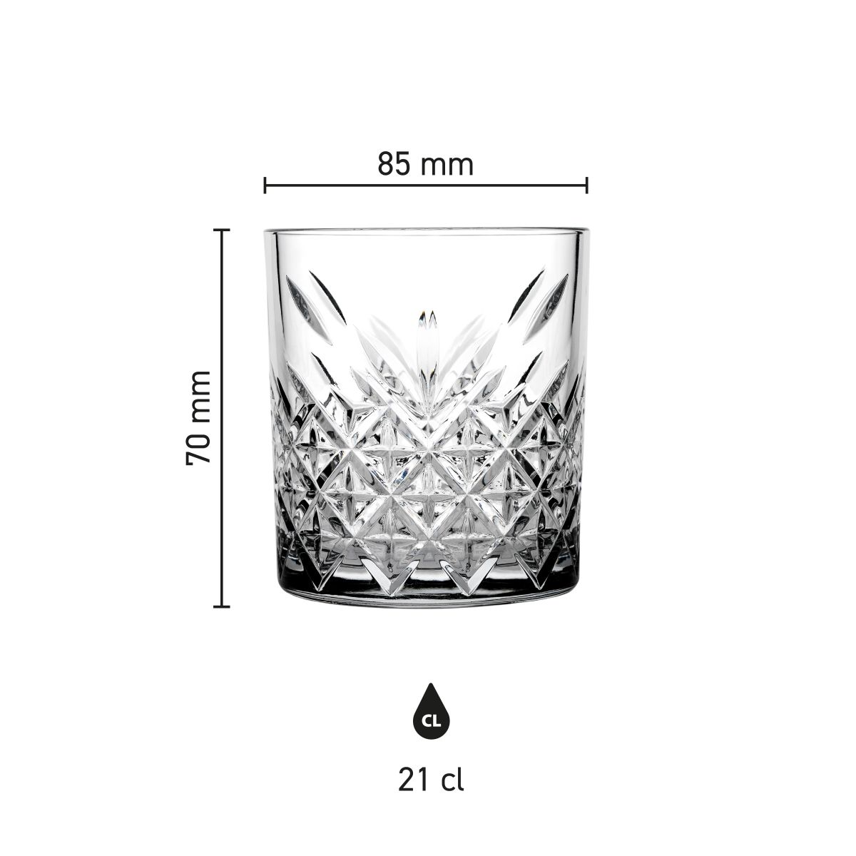 Infographic met hoogte en diameter van het Timeless Whiskyglas 21 cl. duidelijk weergegeven.
