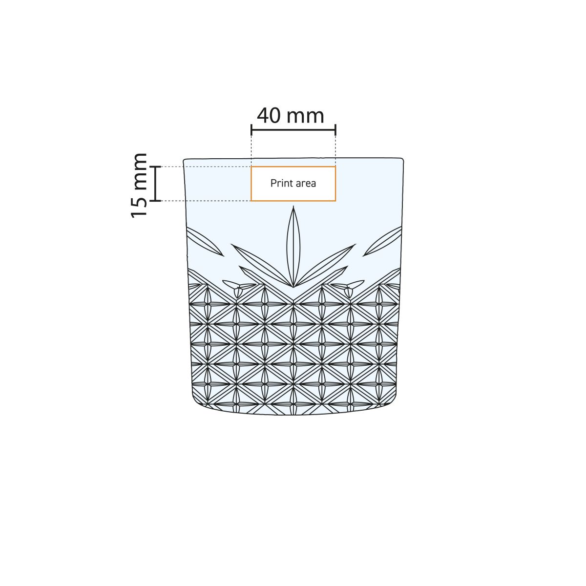 Illustration showing printing area of the Timeless Whisky glass, shows where printing or engraving is possible.