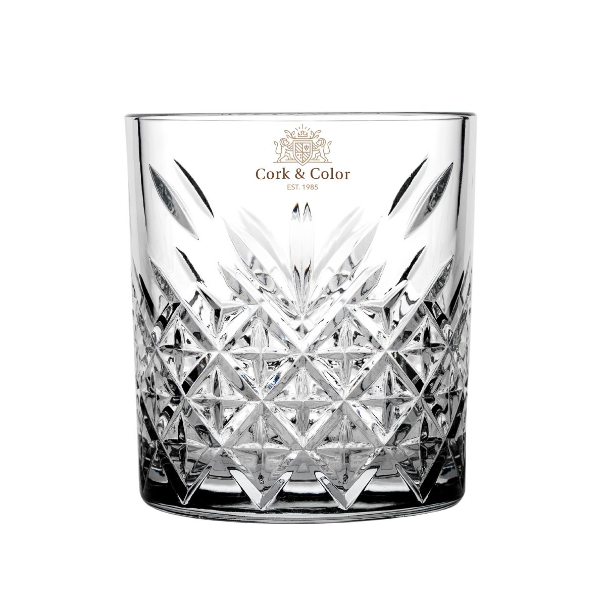 Front of the Timeless Whisky glass with multi-coloured CorkColor logo printed on the transparent surface.