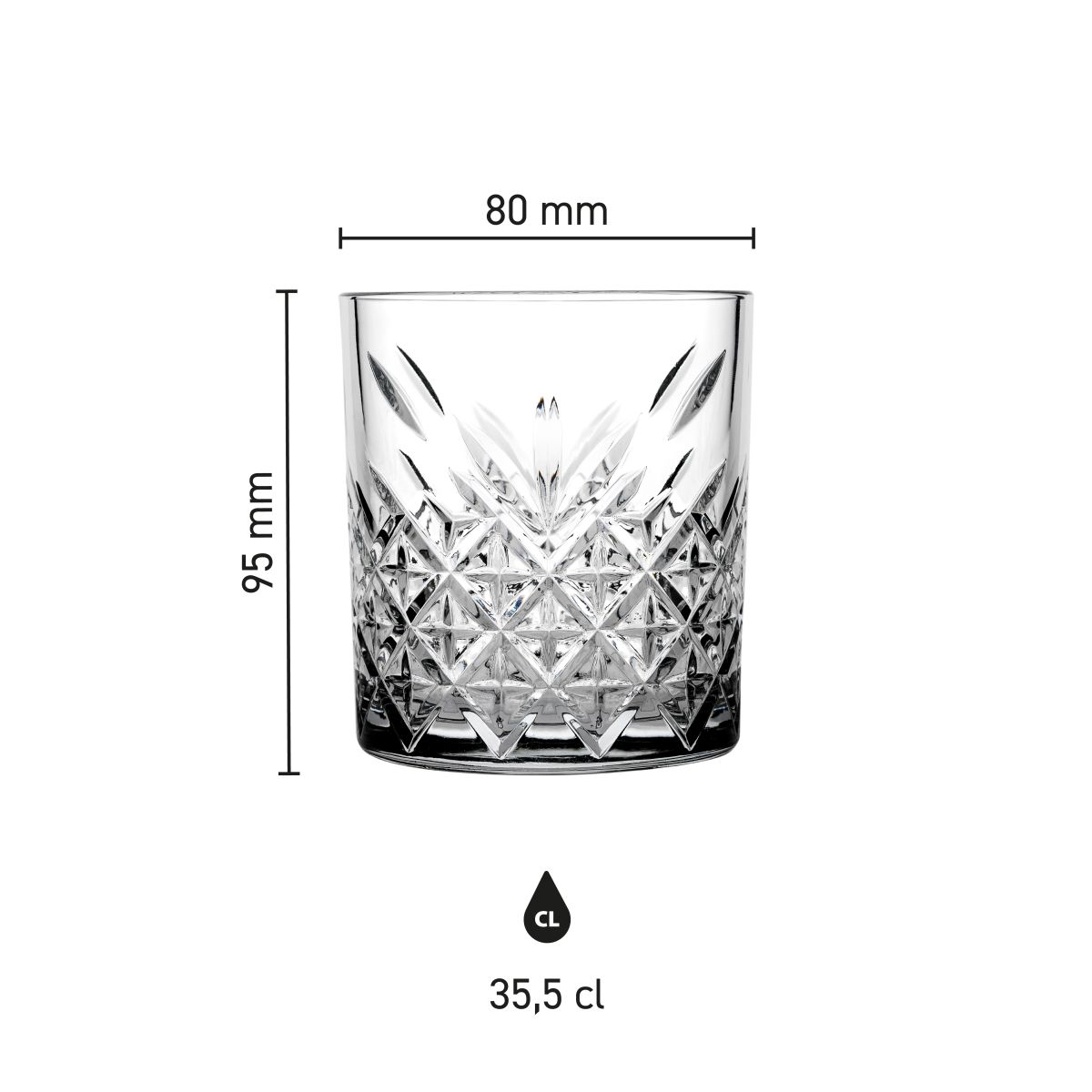 Detailed infographic shows height, diameter and capacity of the 35.5 cl Timeless Whisky glass.