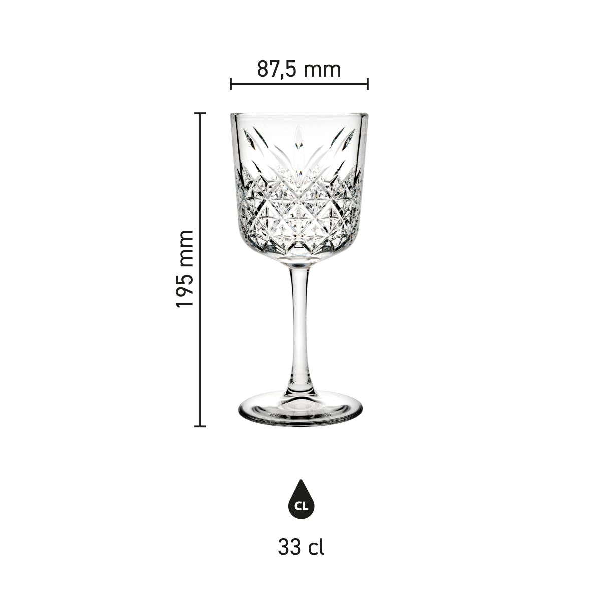 Infographic toont hoogte, breedte en inhoud van het Timeless wijnglas van 33 cl. met maatvoering.