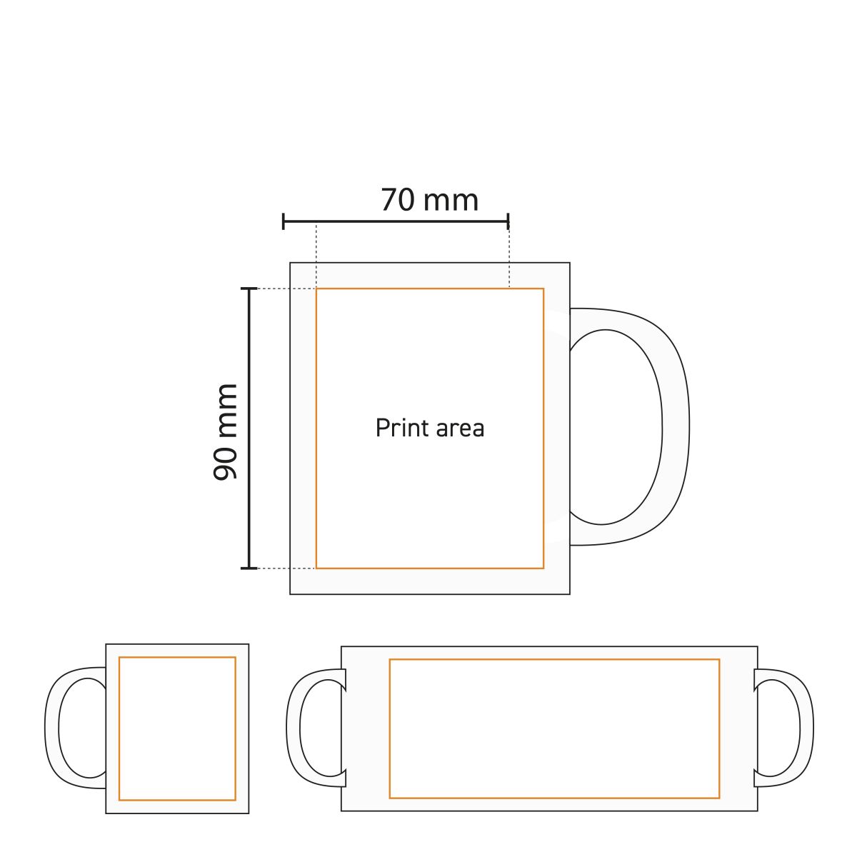 Schematic representation of the printing area on the Tomek mug 30 cl. with indication for logo or text placement.