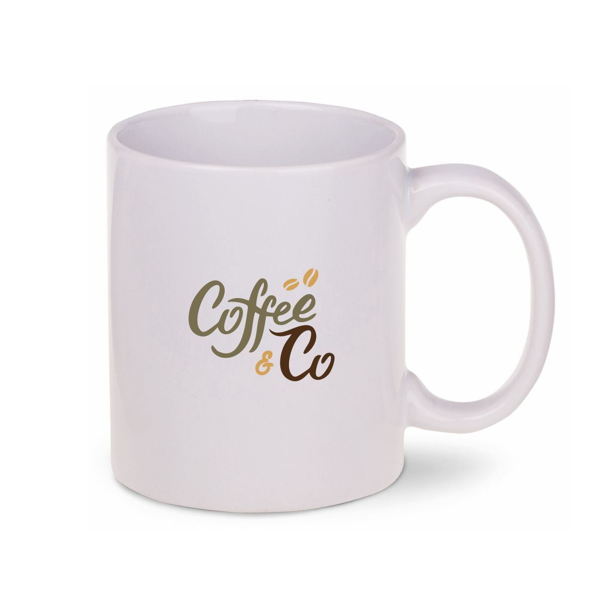 Tomek mug 30 cl. with multicoloured CoffeeCo logo centred on the smooth surface.