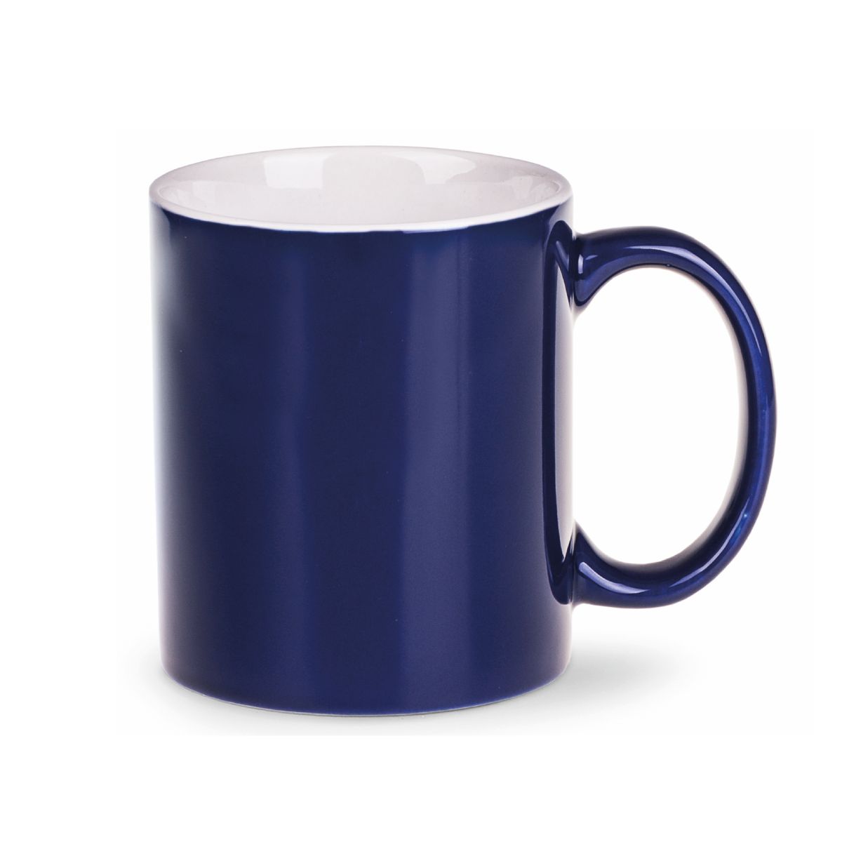 Front view of the Tomek mug 30 cl. in blue and white porcelain with straight sides, classic handle and smooth surface.
