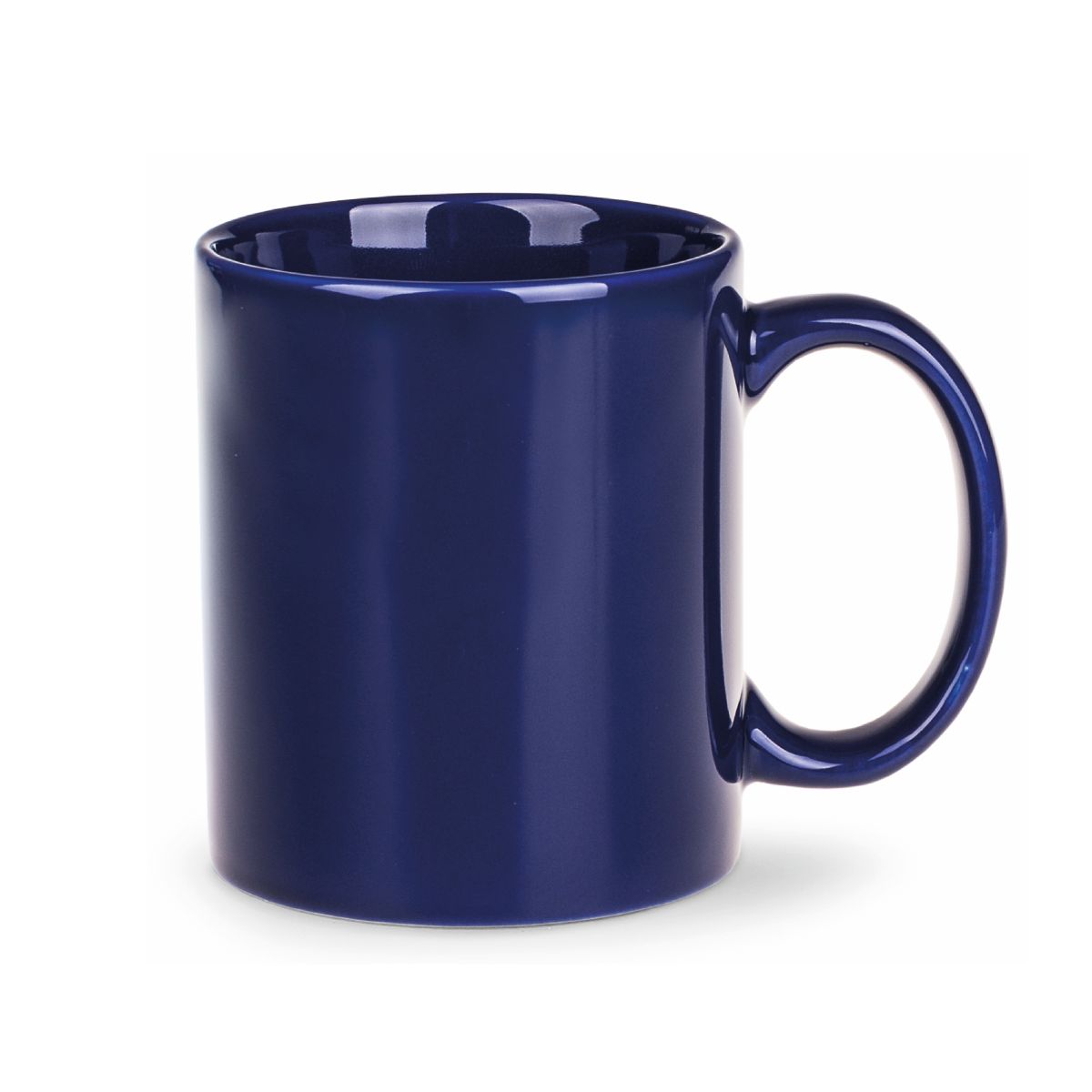 Front view of the Tomek mug 30 cl. in blue porcelain with straight sides, classic handle and smooth surface.