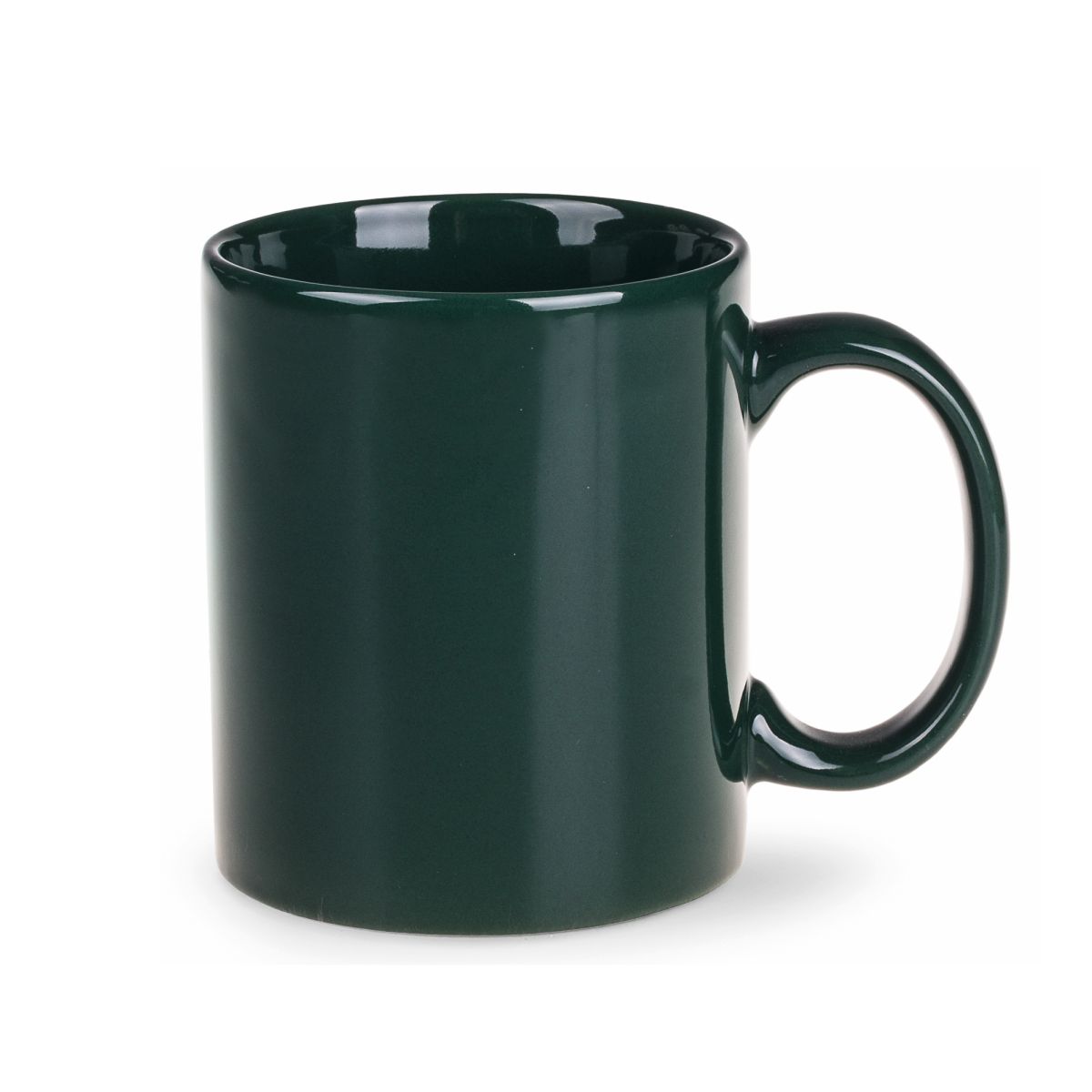 Front view of the Tomek mug 30 cl. in green porcelain with straight sides, classic handle and smooth surface.