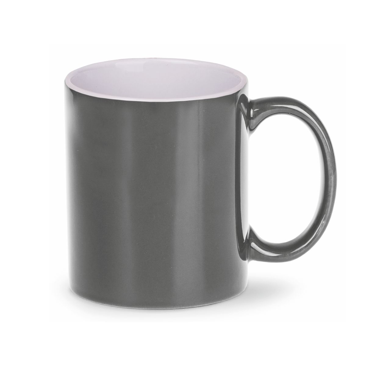 Front view of the Tomek mug 30 cl. in grey-white porcelain with straight sides, classic handle and smooth surface.