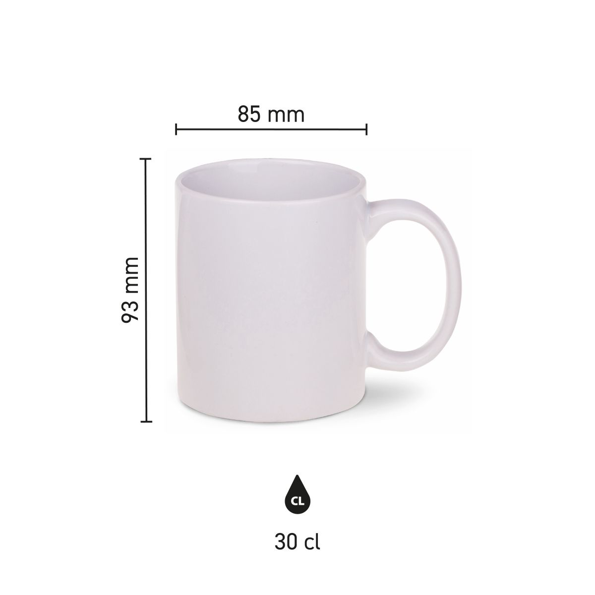 Detailed infographic shows the height, capacity and width of the Tomek mug 30 cl in porcelain.
