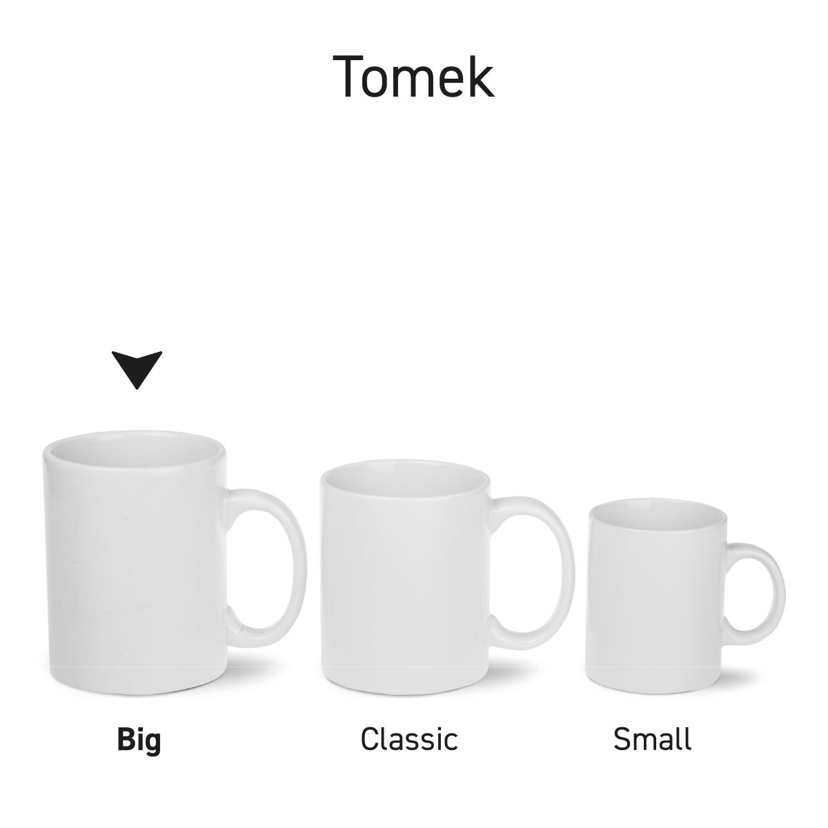 Multiple Tomek mugs presented side by side as a uniform product series.