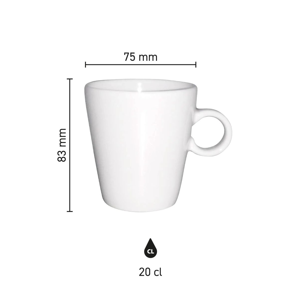 Infographic toont hoogte, diameter en inhoud van Trapo mok wit 20 cl porselein.