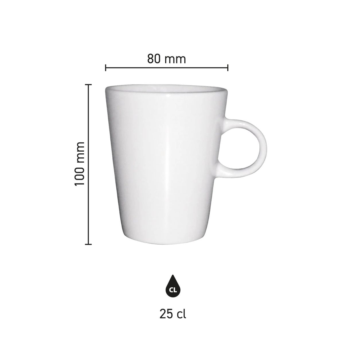 Infographic met afmetingen van Trapo mok wit 25 cl. inclusief hoogte en diameter.
