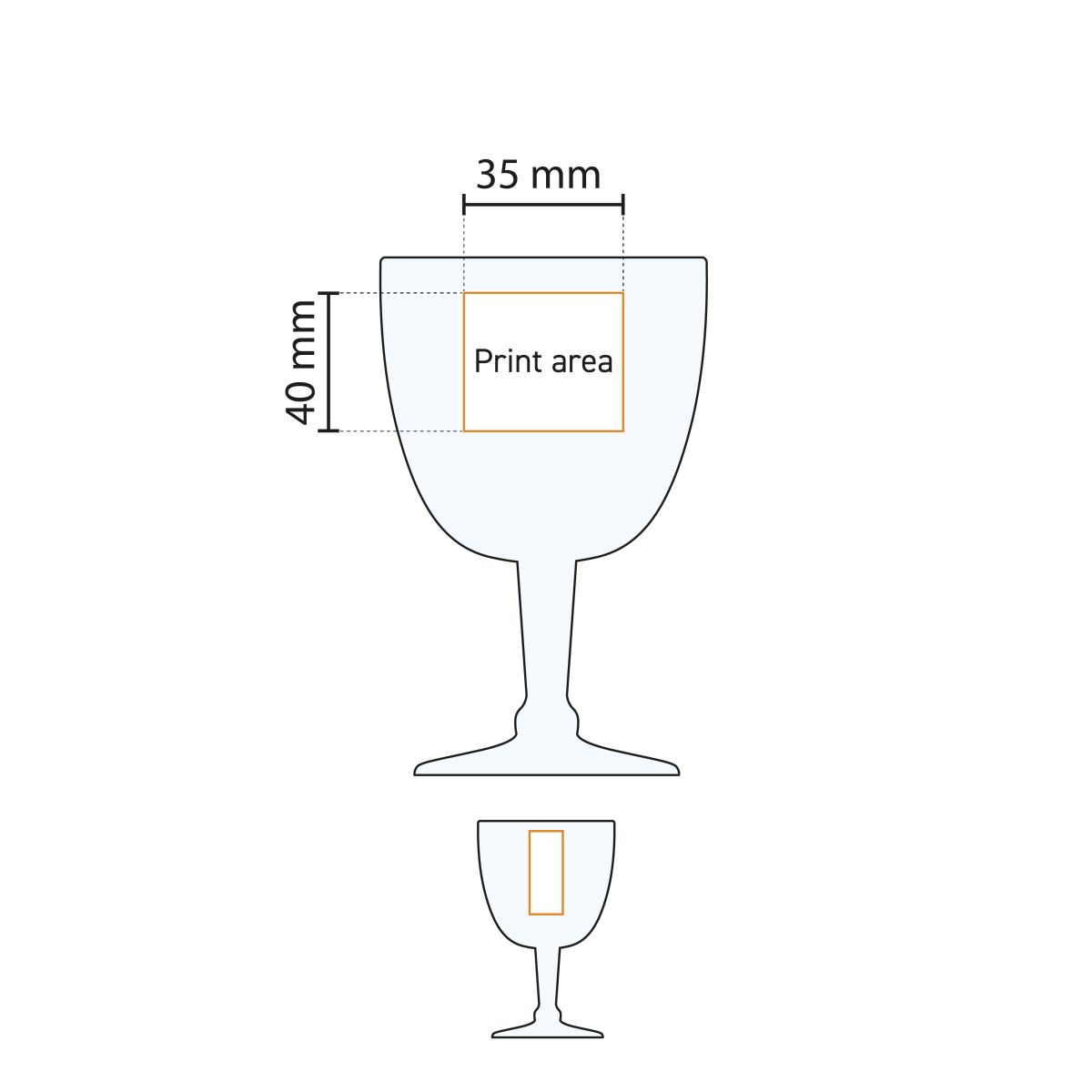 Technical working drawing of the printing area on the 15 cl. Trappist glass for logo placement.