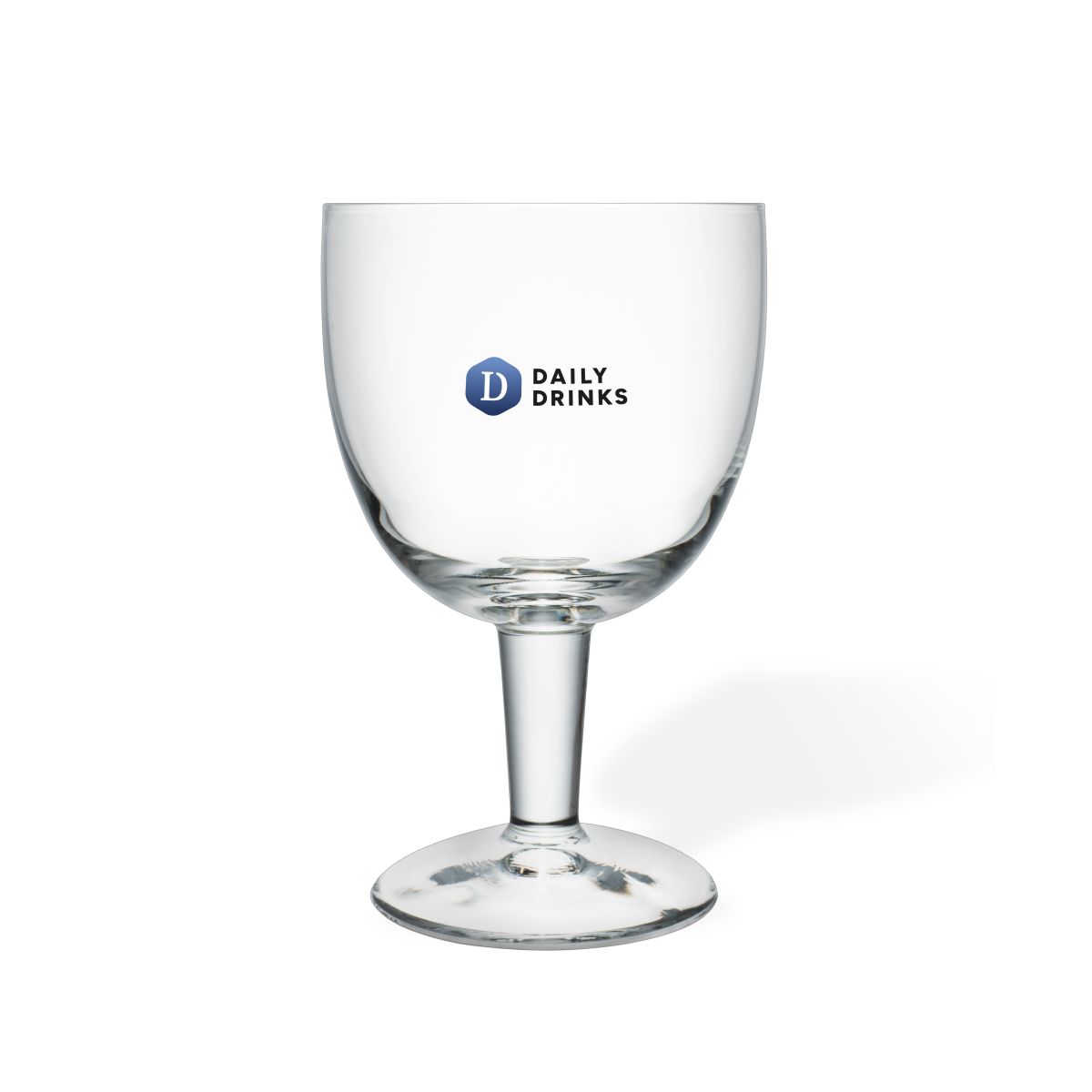 Front of the 15 cl. draft measure glass with colourful DailyDrinks logo printed in full-colour.