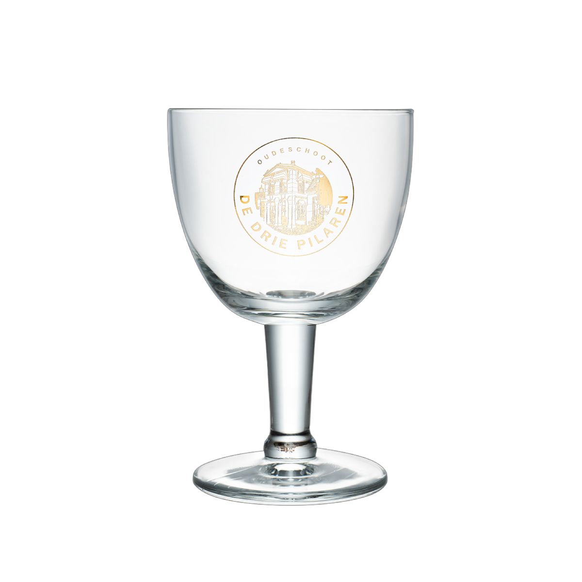 Trappist glass 15 cl with gold printed The Three Pillars logo in one colour on the front.