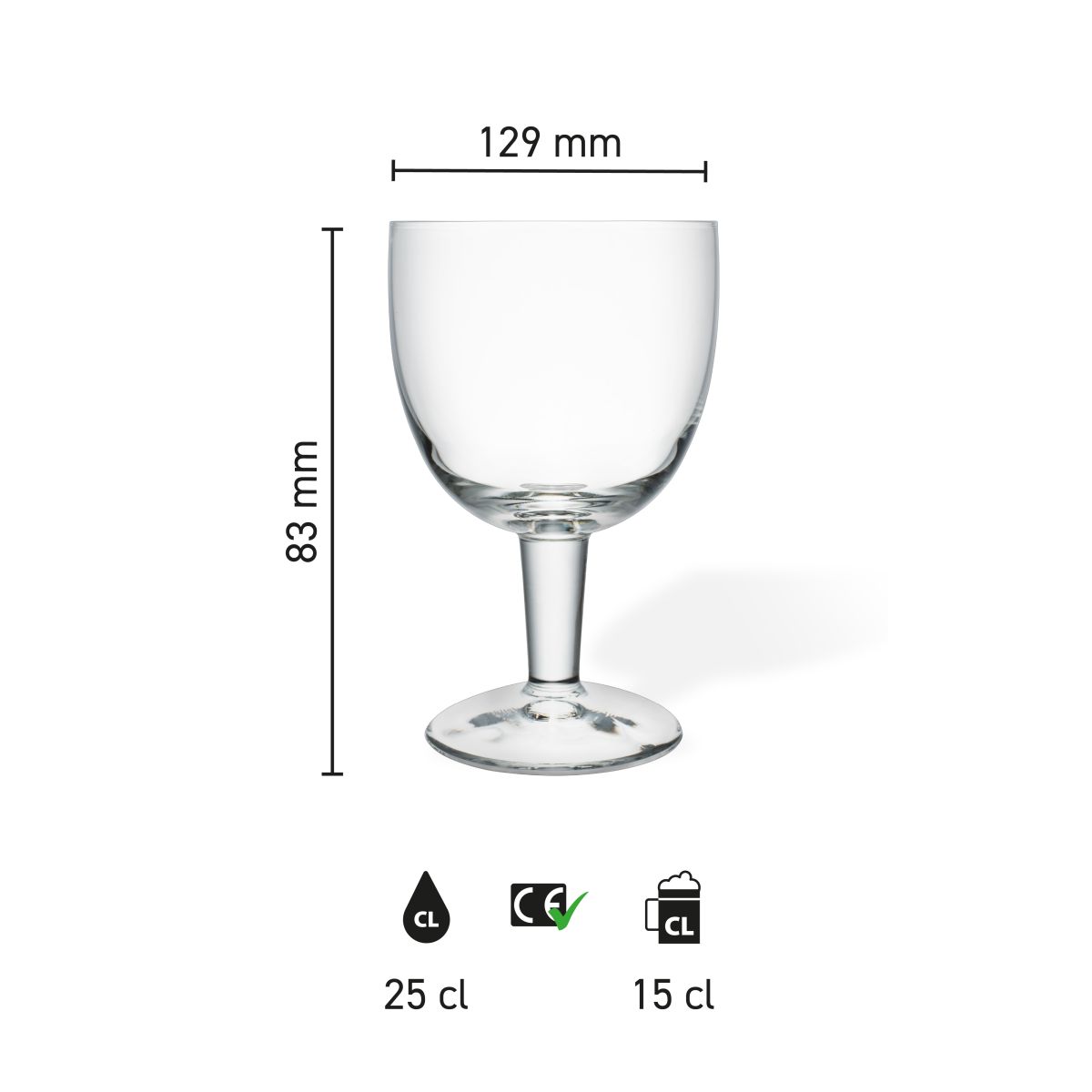 Infographic shows the dimensions of the Trappist glass 15 cl tap size, including height and diameter.