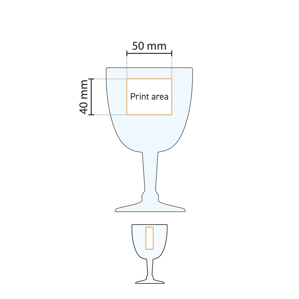 Technische werktekening van het 33 cl. tapmaatglas met zones voor bedrukking of gravure.
