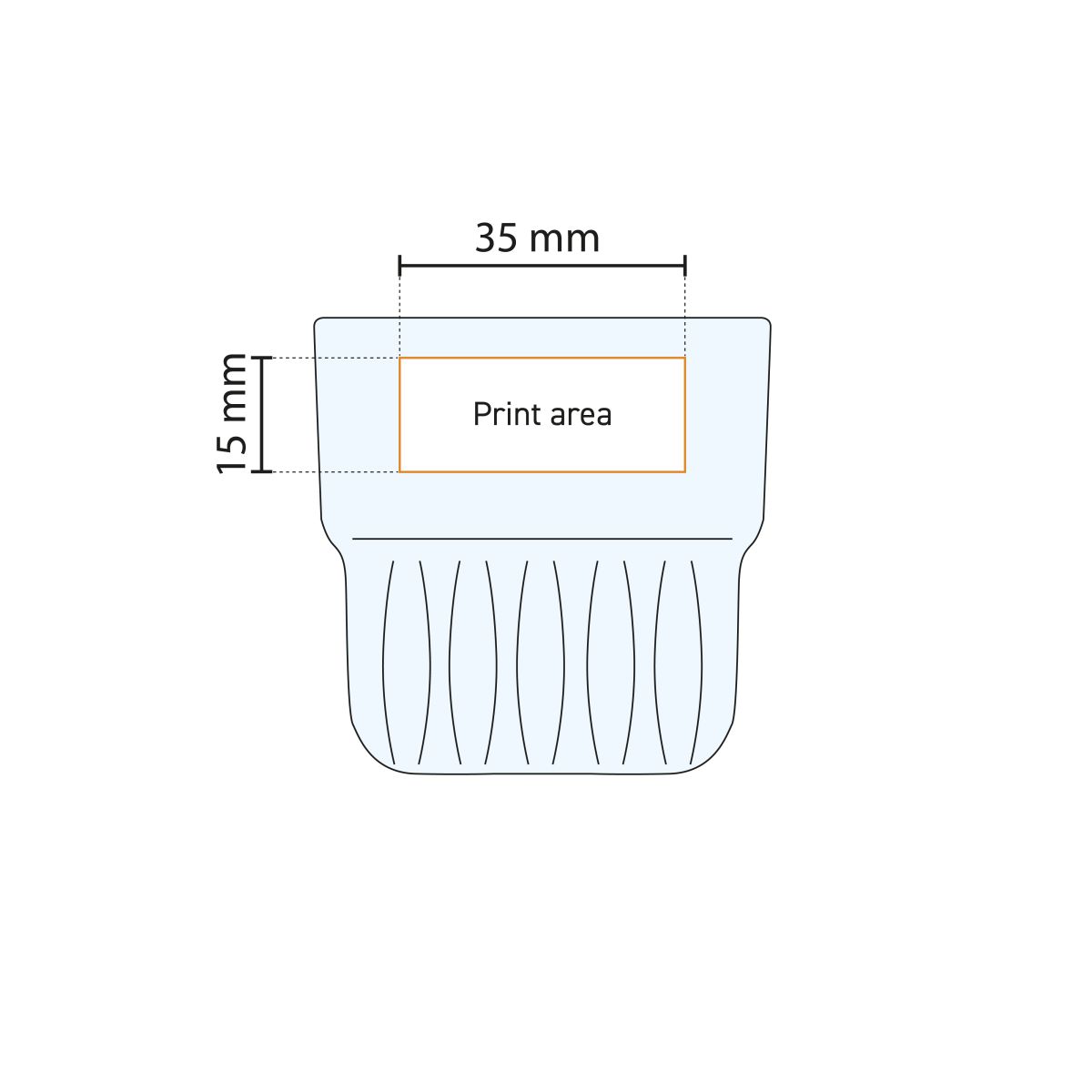 Technical working drawing with logo area and dimensions of the printing area on the Onis tumbler glass 15 cl.