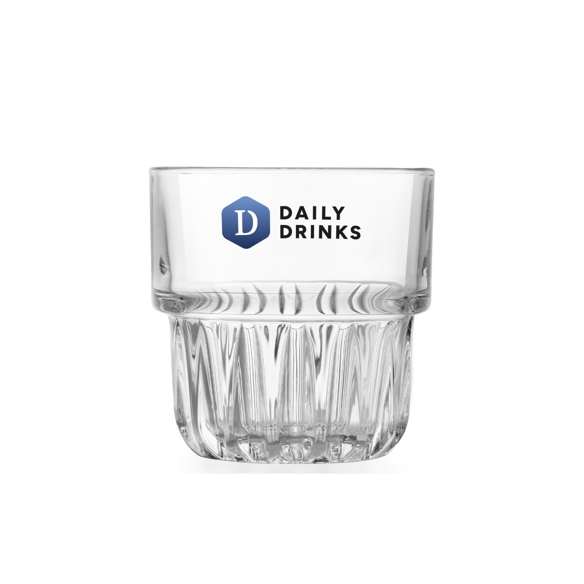 DailyDrinks logo printed in full-colour on the front of the compact Onis tumbler glass 15 cl.