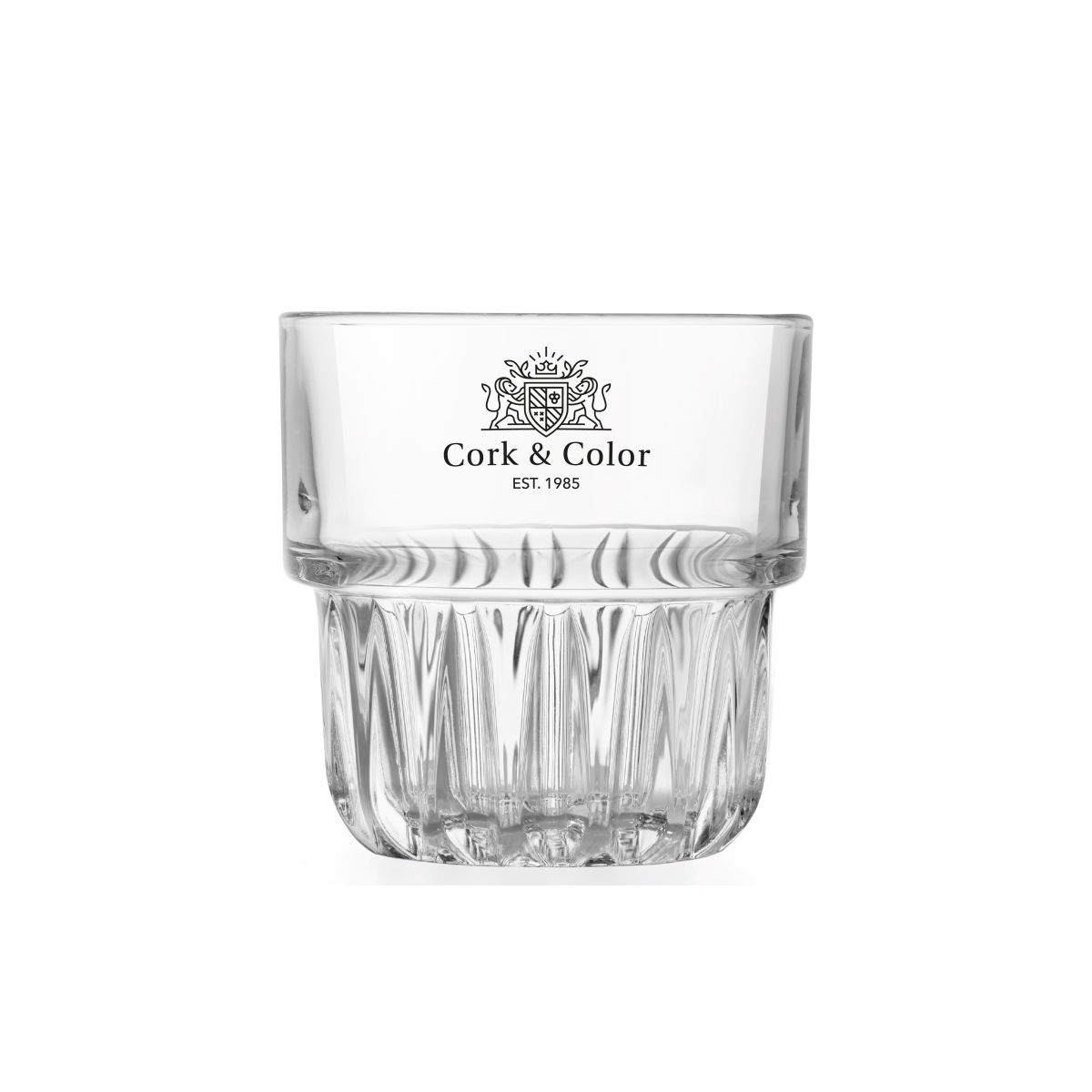 CorkColor logo printed in one colour on the front of the 15 cl clear glass Tumbler Onis glass.