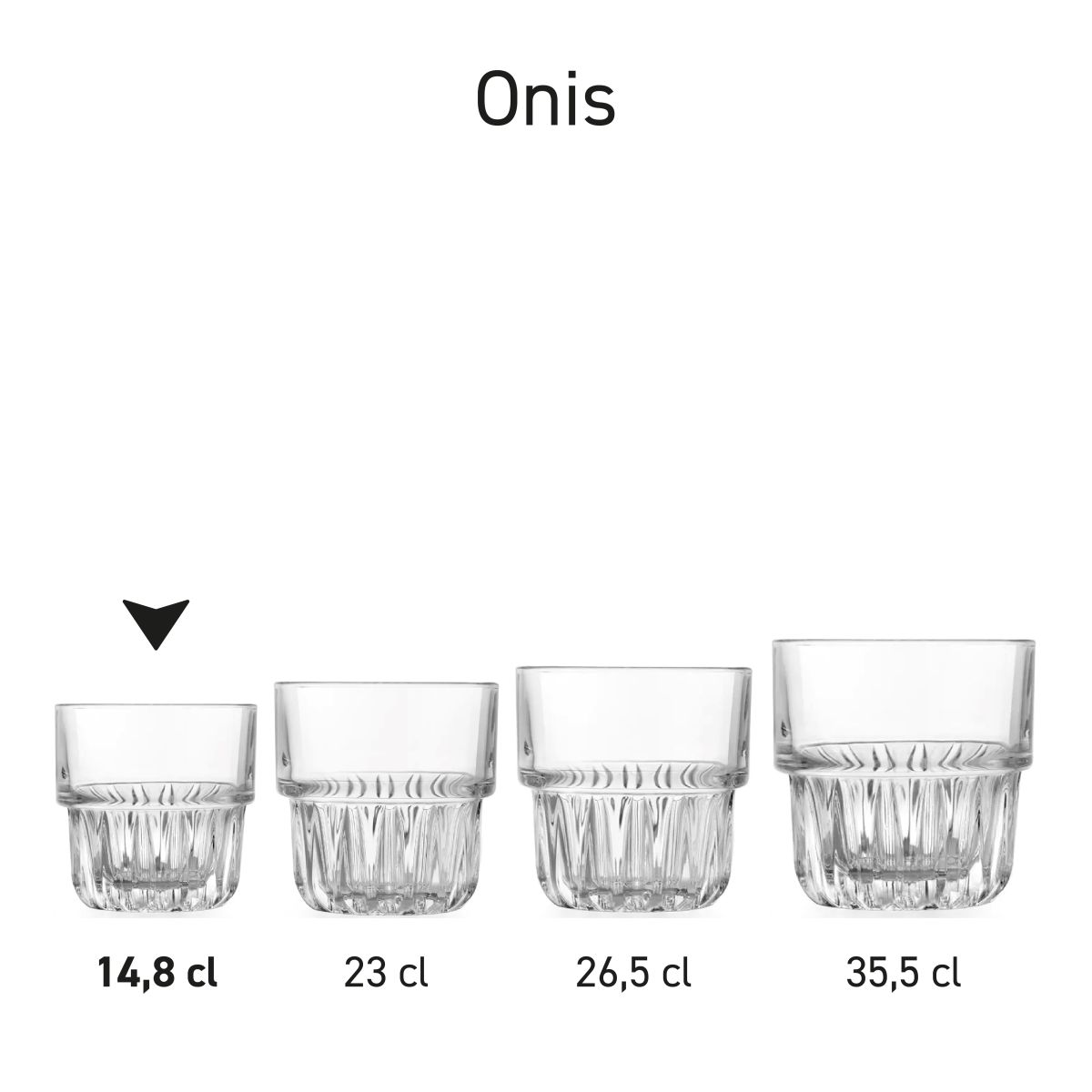 Series of identical Onis tumbler glasses with different contents conveniently presented side by side.