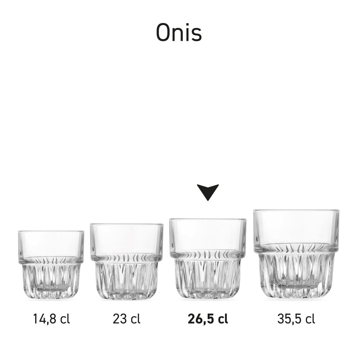 Series view of several Onis glasses 26.5 cl. arranged as a product line.