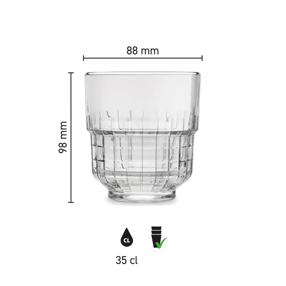 Infographic shows height, diameter and capacity of the Tumbler Onis glass 35 cl.