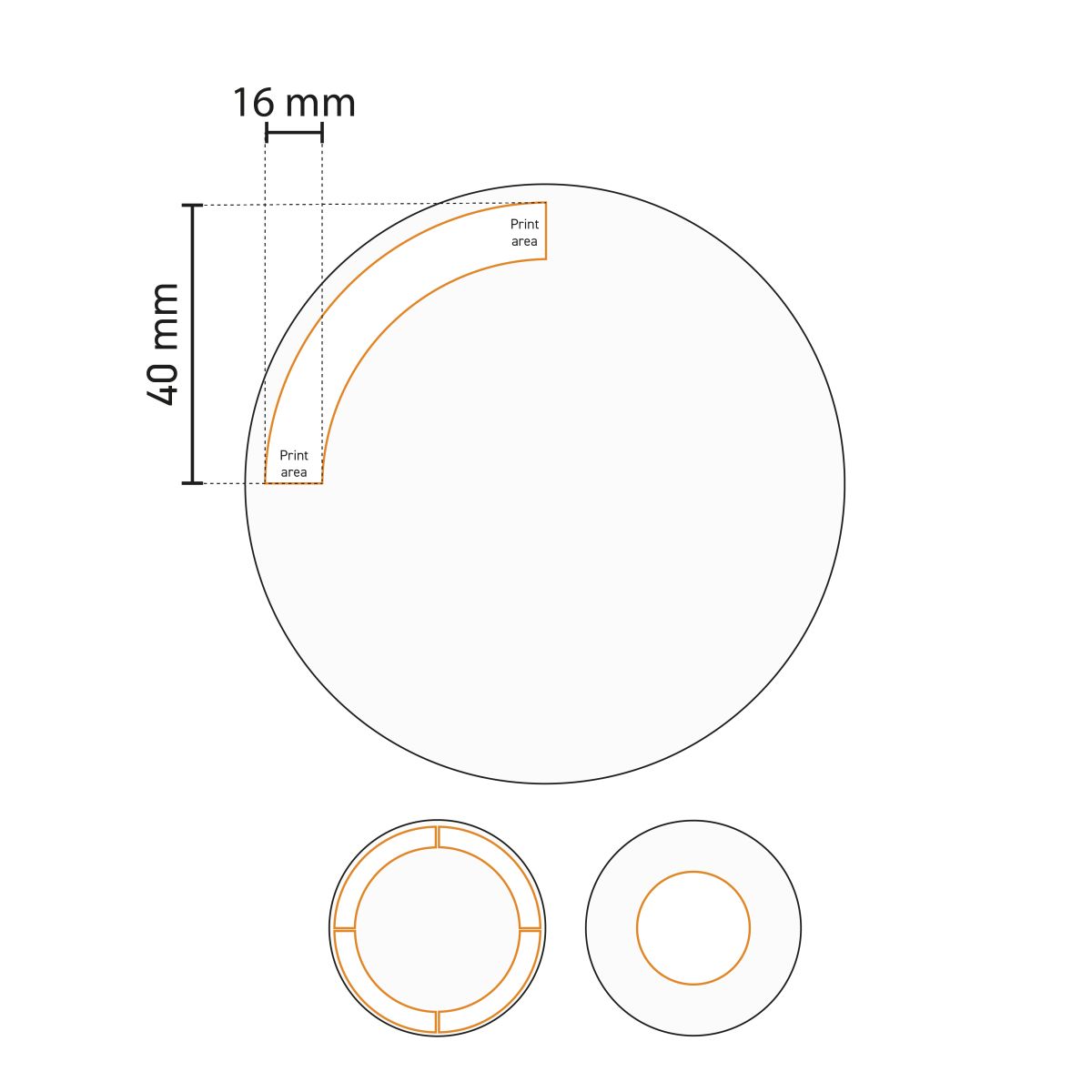 Technical working drawing of Venus board 20 cm shows the printing area for logo placement.