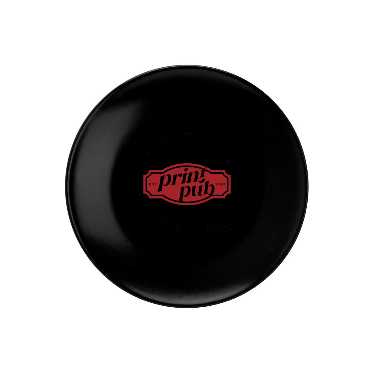 PrintPub logo printed in one colour on the black Venus plate 20 cm porcelain.