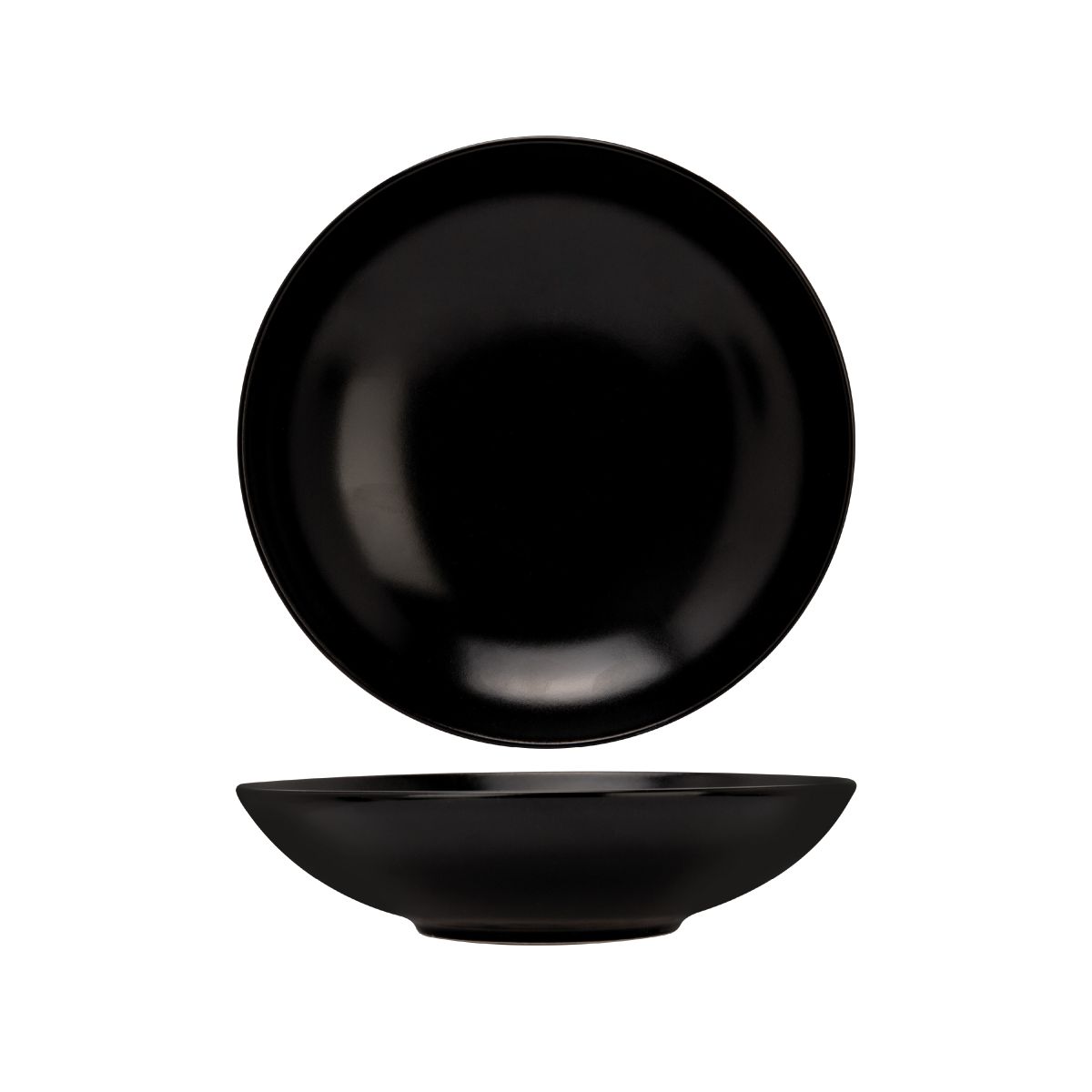 Recht vooraanzicht van het Venus bord diep 21 cm van zwart aardewerk met ronde vorm en matte afwerking. Recht vooraanzicht van het Venus bord diep 21 cm van zwart aardewerk met ronde vorm en matte afwerking.