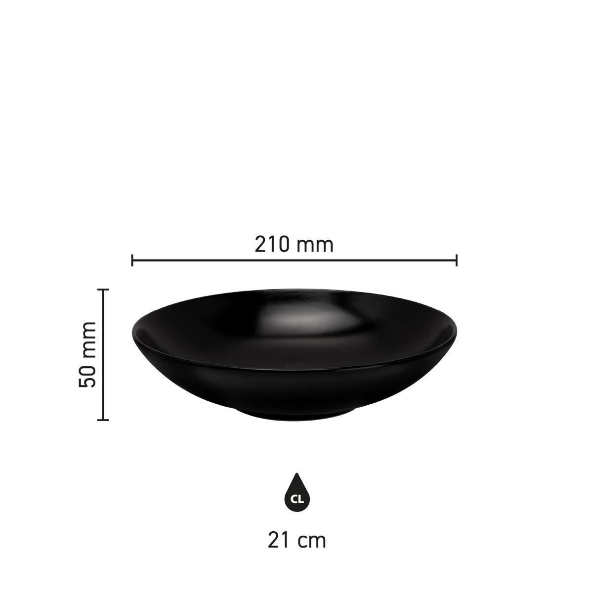 Infographic shows diameter, depth and rim height of pottery Venus plate 21 cm.