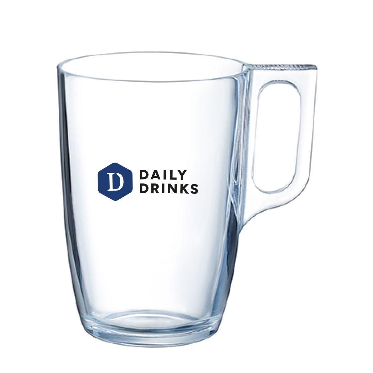 Vooraanzicht van Voluto glas 40 cl. met meerkleurig DailyDrinks-logo op het oppervlak.