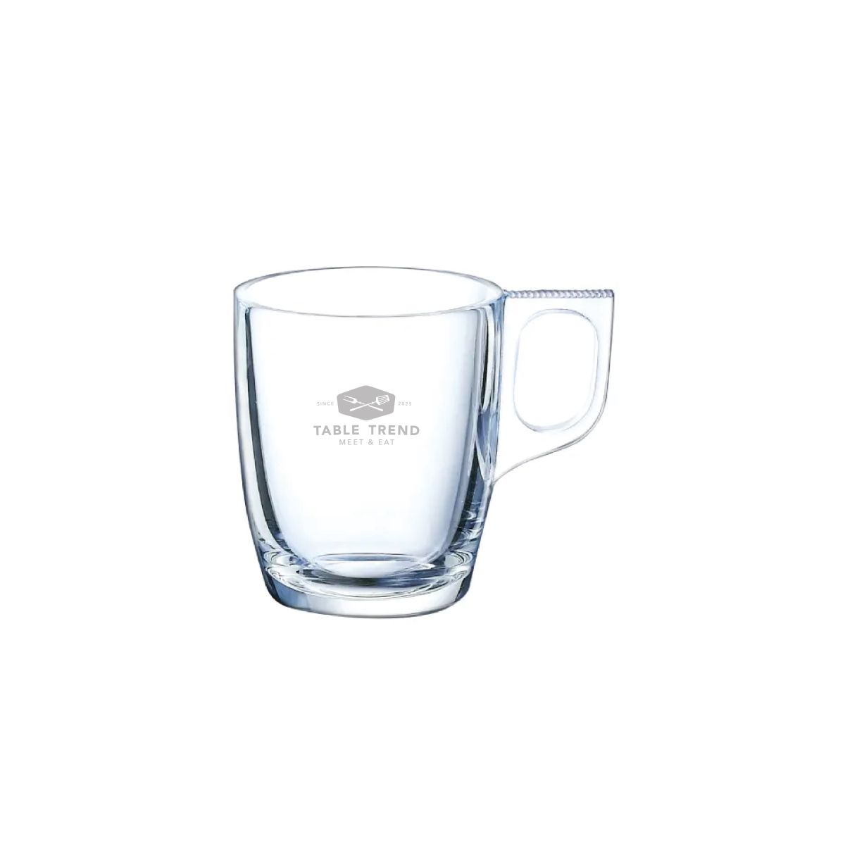 Front of espresso glass 9 cl. with fine TableTrend logo engraving on clear glass.