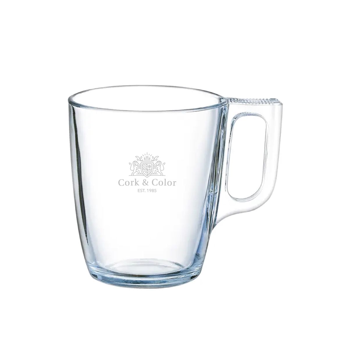 Engraving of CorkColor logo visible on front surface of Voluto glass 25 cl.