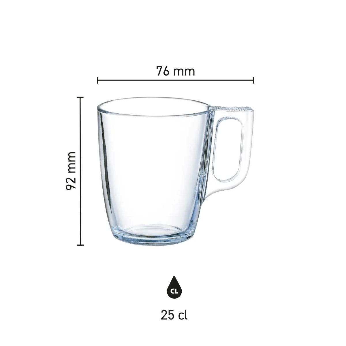 Image shows dimensions of the 25 cl glass in technical infographic.