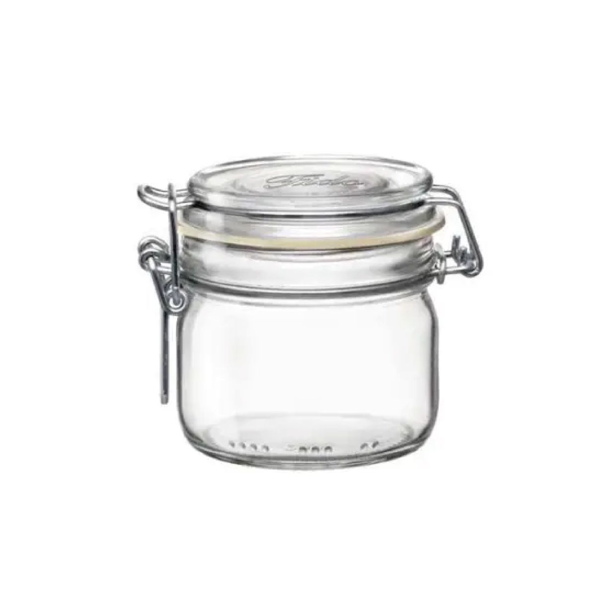 Round glass weck jar Fido 0.2 litre in front view with metal closure and transparent jar. Round glass weck jar Fido 0.2 litre in front view with metal closure and transparent jar.