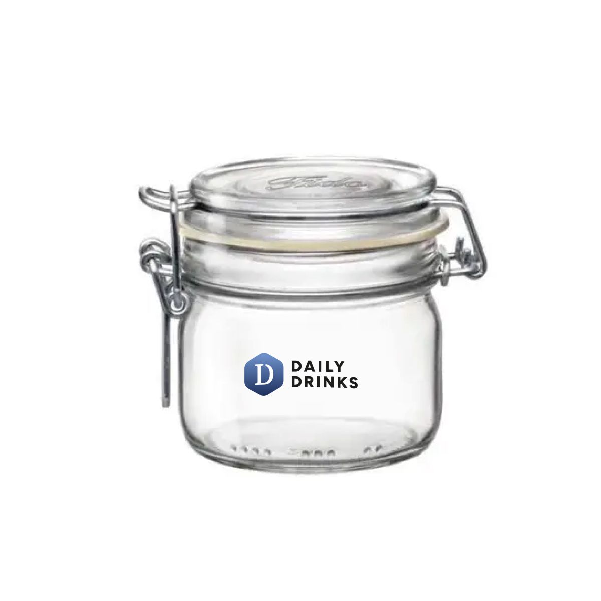 Glass weck jar round 0.2 litres with full-colour DailyDrinks logo visible on the front.