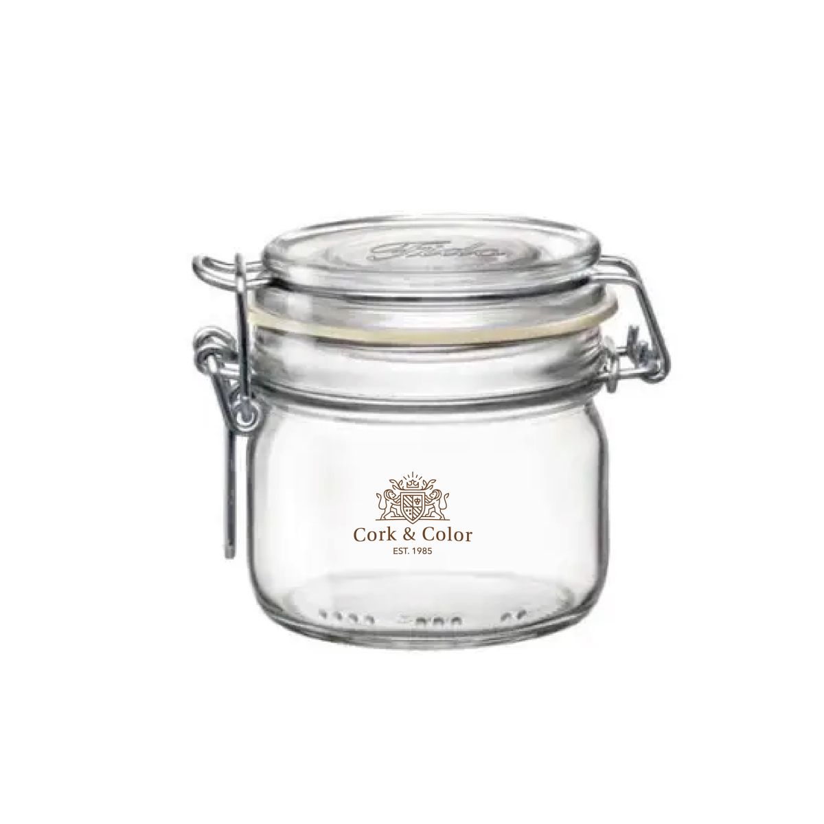 Weck jar Fido 0.2 litre glass with CorkColor logo in one colour centred on the front.