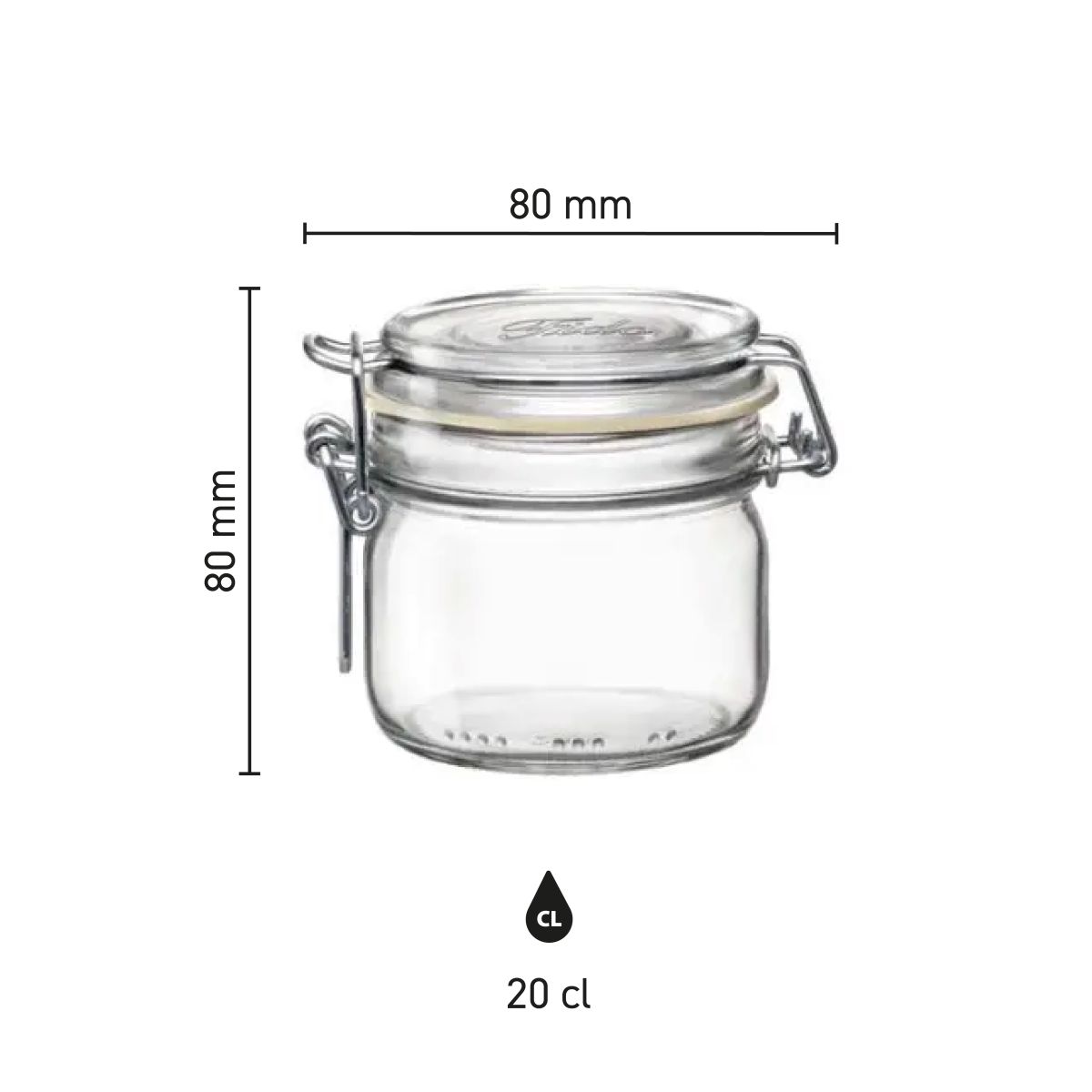 Infographic shows height, diameter and capacity of round glass Fido weck jar 0.2 litres.