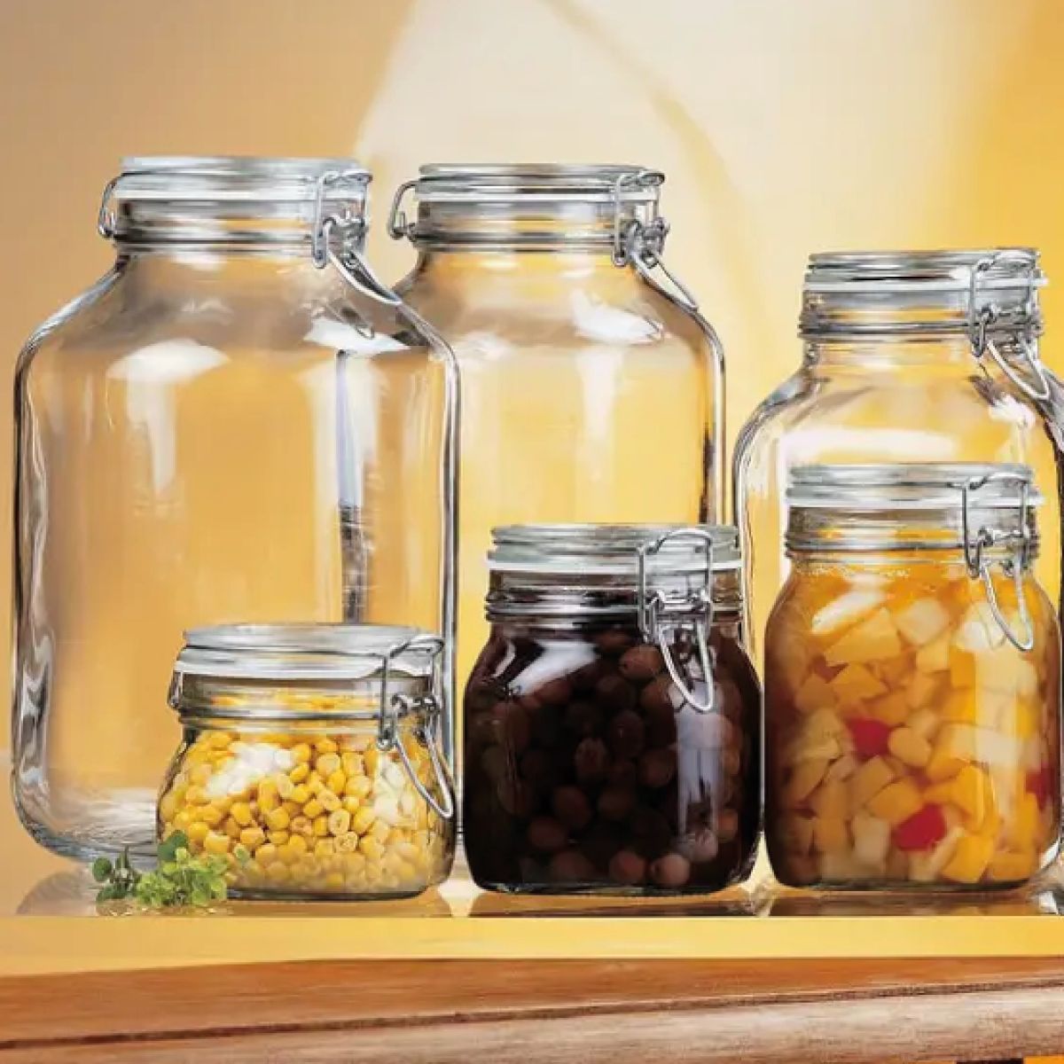 Mood image of filled Fido weck jar 0.2 litre glass on countertop in kitchen area.