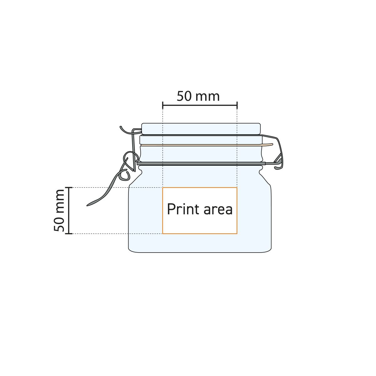 Technische tekening toont drukgebied op vierkante glazen weckpot Fido 0,5 liter.